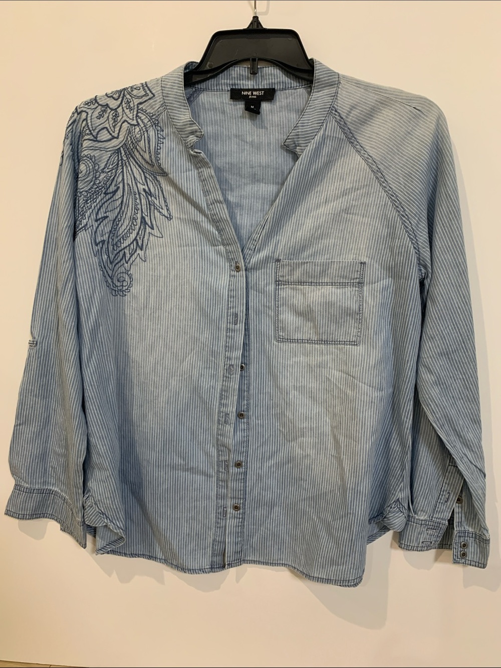 Nine West Blue Striped Button-Down Shirt with Shoulder Embroidery
